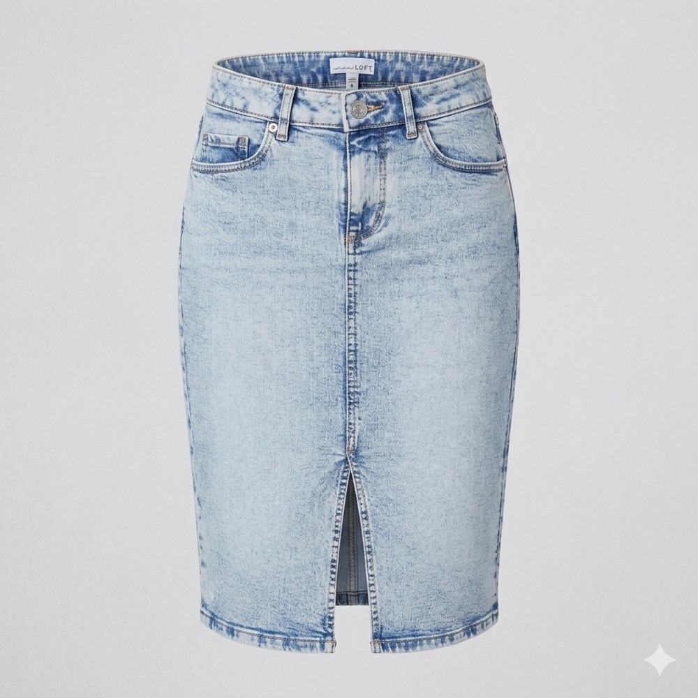 LOFT Acid‎ Wash Denim Midi Skirt Front Slit Pencil Jean Light Blue Size 0P Retro